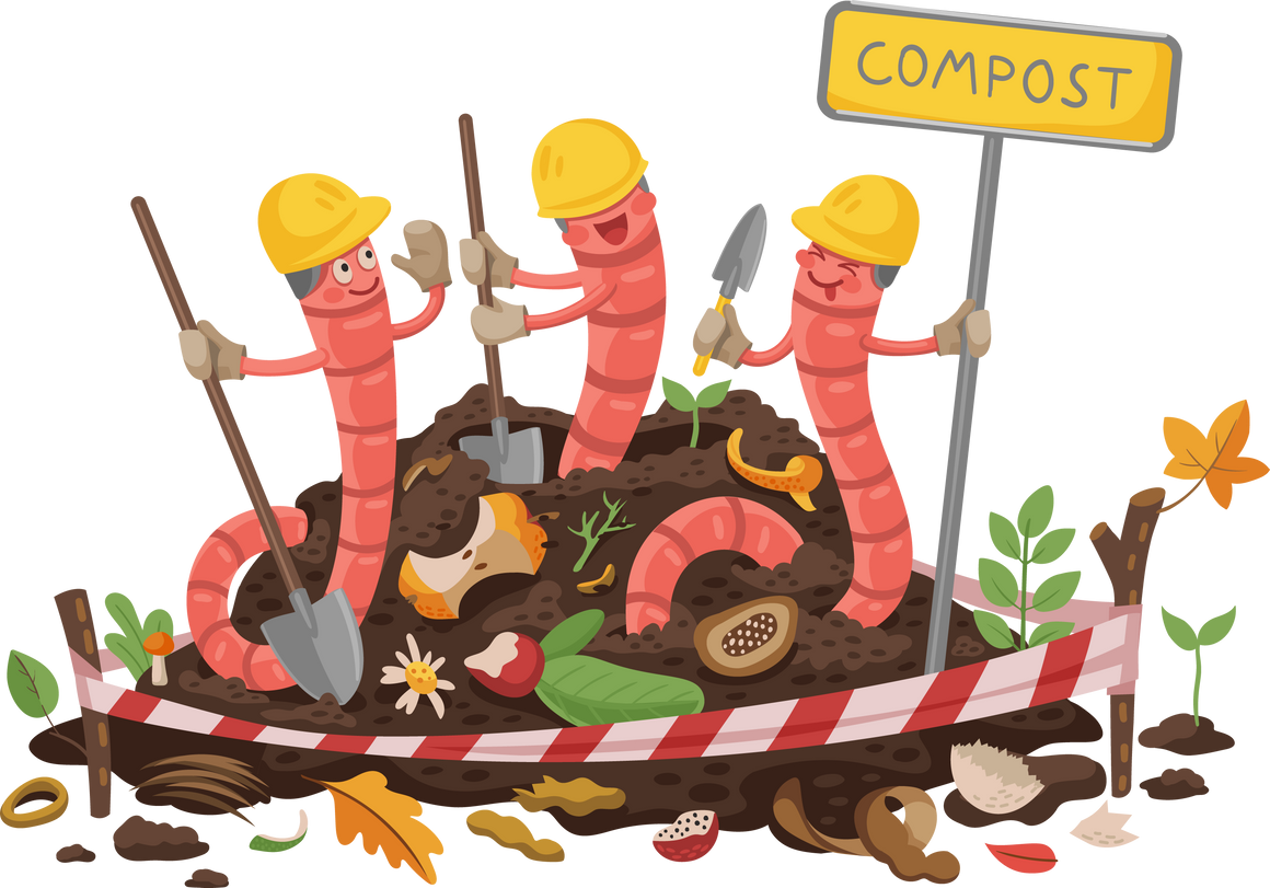 Cartoon Earth Worm Builder Characters in Compost