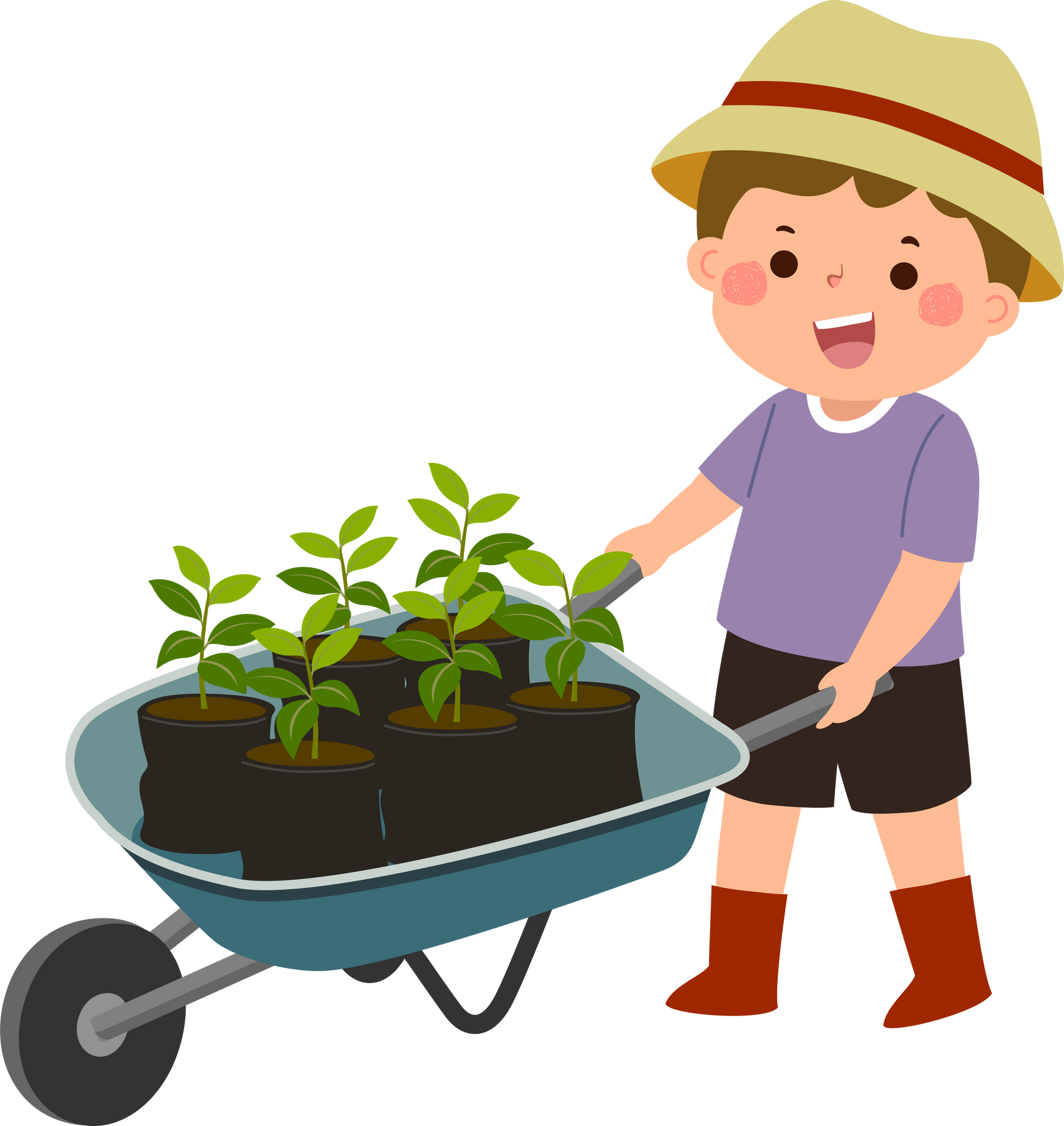 Cartoon little boy pushing wheelbarrow full of young plants in pots