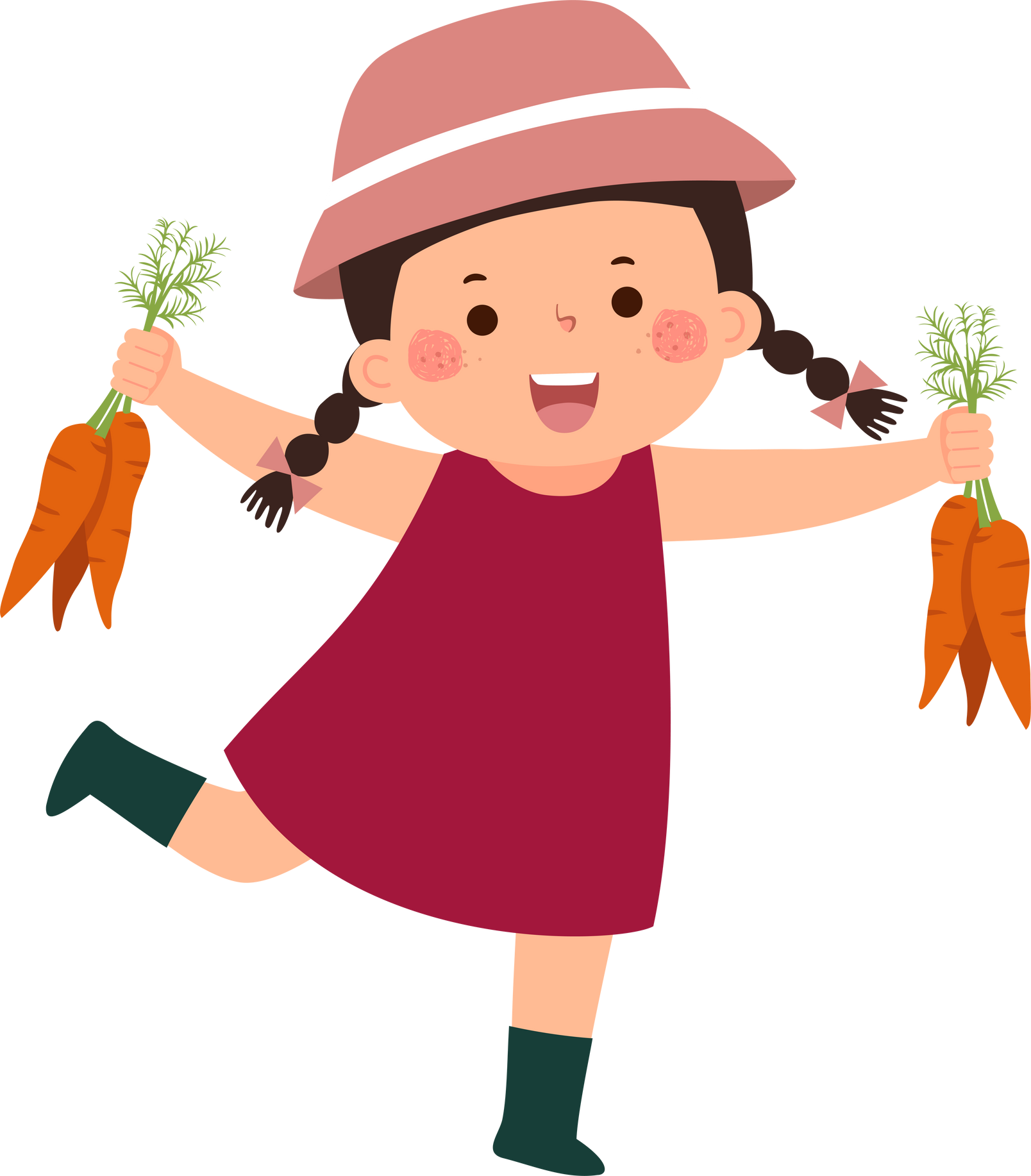 Little girl farmer holding carrots. Kid gardening and harvesting